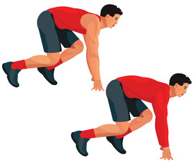 Asian sprinter in the crouch start position is waiting for the signal to start the race, two figures in red seasonal sports uniforms