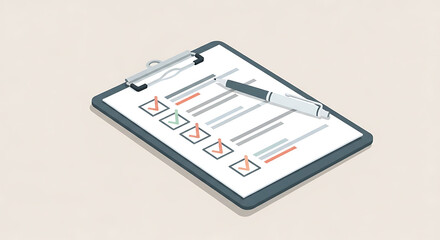 Checklist on clipboard displayed alongside stylish pen, ready for evaluation and review. Checklist includes several tasks marked as completed, review highlights accuracy and attention to detail.