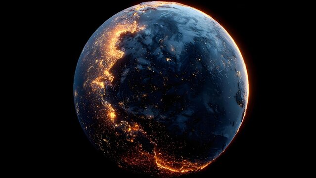 Earth from space at dawn, with a bright orange rim and city lights twinkling on the night side. Concept Earth from space, dawn glow with orange rim, city lights on the night side