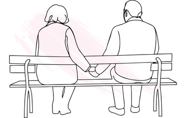 Minimalist line drawing elderly couple holding hands park bench Single line vector