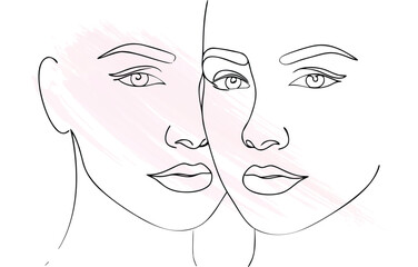 Minimalist line drawing two faces connected by abstract  brush strokes Single line