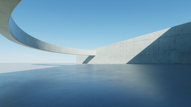 3d render of abstract modern concrete architecture background, Minimal circle geometry architectural design, Car presentation backdrop with empty concrete floor, Geometric white blocks building design