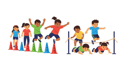 Kids Active Fun Day: A group of diverse children participate in an active day of physical activity, navigating an obstacle course with enthusiasm and joy.