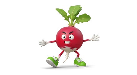 A radish character with running shoes, preparing for a marathon on white background