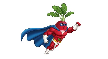 A radish superhero flying with a cape, confident facial expression, white background.