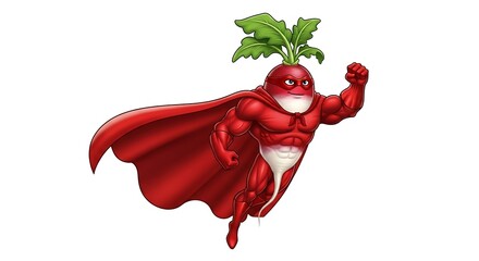 A radish superhero flying with a cape, confident facial expression, white background.