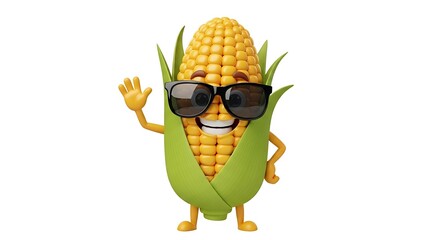 A smiling corn character wearing sunglasses and waving at the viewer, white background.