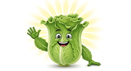 A smiling lettuce waving hand, surrounded by sunshine rays on white background.
