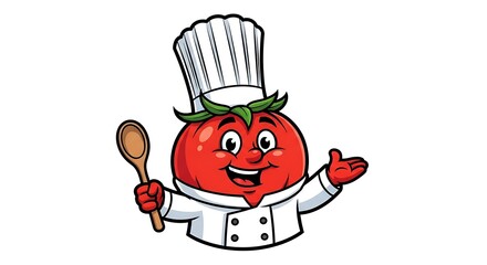 A smiling tomato wearing a chef’s hat and holding a wooden spoon, cartoon food mascot, white background.
