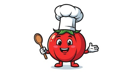 A smiling tomato wearing a chef’s hat and holding a wooden spoon, cartoon food mascot, white background.
