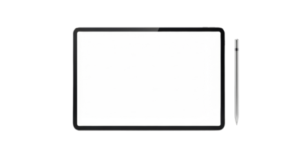 Modern black digital tablet, horizontal with empty white screen and copy space, sleek silver stylus right, isolated on solid transparent studio background. Concept for high-tech product advertising