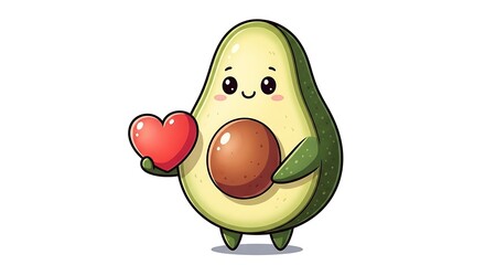 A sweet avocado holding a heart symbol and smiling kindly, love theme, white background.