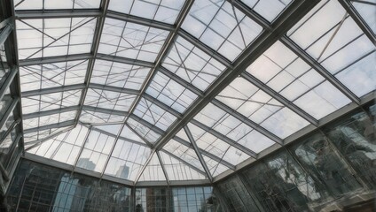 Geometric Glass Roof Structure with Natural Light and Steel Frames.