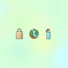 Eco-friendly choices and sustainable living represented by icons of a shopping bag, the Earth, and a reusable water bottle on a soft gradient background