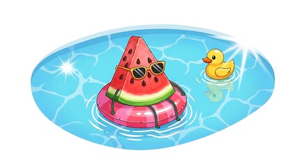 A watermelon slice relaxing on a float in the pool, summer fun illustration on white background.