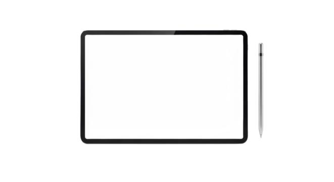 Modern black digital tablet, horizontal with empty white screen and copy space, sleek silver stylus right, isolated on solid transparent studio background. Concept for high-tech product advertising