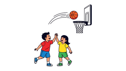 Fototapeta premium Basketball High Five: A vibrant illustration captures the essence of teamwork as two enthusiastic children celebrate a successful basketball shot.