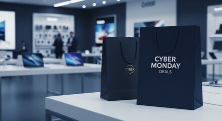 Cyber Monday deals promotion. Shopping bags in tech store, advertising sales event, marketing campaign. Electronics, computers, promotion, retail, discounts, consumerism.