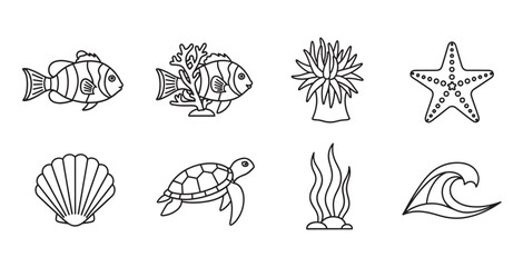 Black outline icons of marine life featuring fish, coral, sea anemone, starfish, shell, turtle, seaweed, and wave.