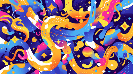 Vibrant abstract composition with flowing lines, gradients, dots, and stars in neon colors.
