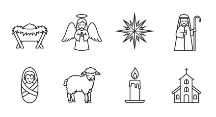 Fototapeta premium Eight black outline icons depicting nativity scenes, including a manger, angel, star, shepherd, baby, lamb, candle, and church.