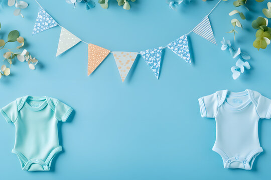 Baby Shower Decoration With Blue Onesies and Bunting on Blue Background
