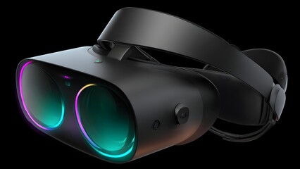 Futuristic black virtual reality headset with wide dual lenses and RGB glowing ring lights. Concept Futuristic black VR headset, Wide dual lenses, RGB glowing ring lights, Immersive tech aesthetics
