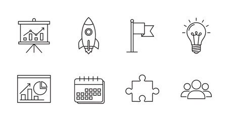 Fototapeta premium Set of eight black outline icons depicting graph presentations, a rocket, a flag, a light bulb, a calendar, a puzzle piece, and a group of people.