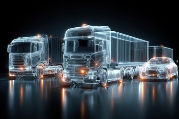 Futuristic holographic visualization of trucks and car in blue digital glow