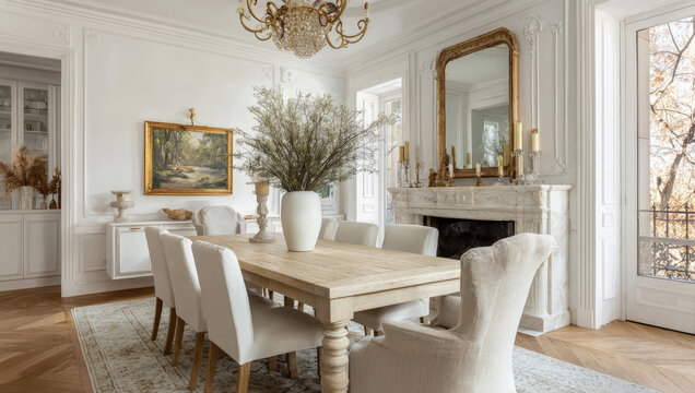 Luxurious Parisian Chic Dining Room: Bright, Elegant Interior Boasts Classic French Molding, Pale Hardwood Flooring, a Light Wood Farmhouse Table, and a Gilded Mirror Over a Marble Fireplace