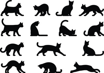 Black cat silhouette collection, various cat poses and movements, pet animal vector illustration, feline behavior design for decoration and art