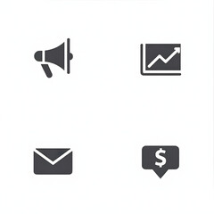 Set of four dark gray icons representing marketing, communication, and finance on a white background