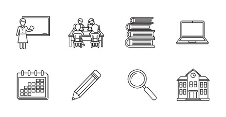 Fototapeta premium Black outline icons depicting various educational elements including a teacher, students at a desk, stacked books, a laptop, a calendar, a pencil, a magnifying glass, and a school building.