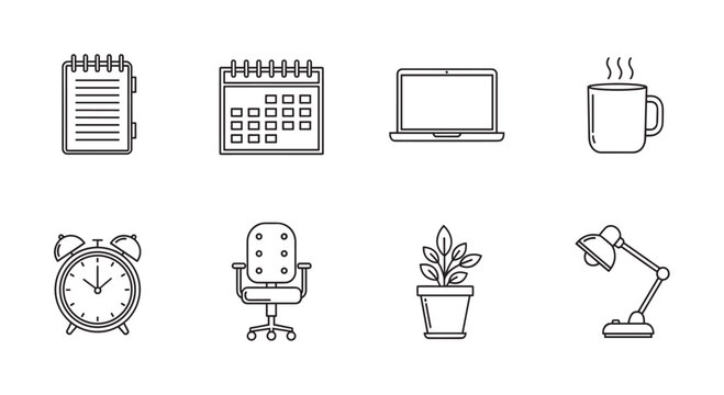 Set of eight black outline icons depicting office essentials including a notebook, calendar, laptop, coffee mug, alarm clock, office chair, potted plant, and desk lamp.