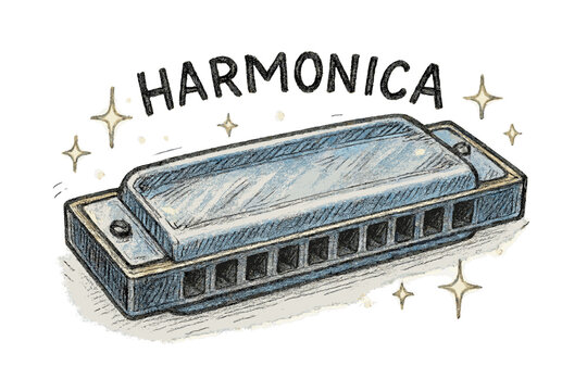 Sparkling Silver Harmonica. Hand-drawn harmonica in silver and blue with glowing sparkles, center word &ldquo;Harmonica&rdquo;, isolated