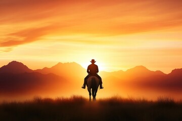 Fototapeta premium Cowboy riding into sunset in majestic mountain landscape scene