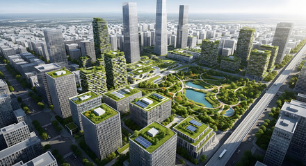 An aerial view of a futuristic metropolis showcasing sustainable urban planning with green skyscrapers and lush parks