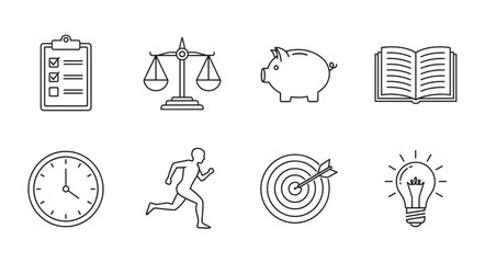 Obraz premium Eight black outline icons depicting a checklist, scales, piggy bank, open book, clock, running figure, target with arrow, and light bulb.