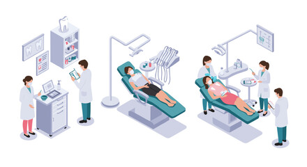 Fototapeta premium Dynamic isometric breakdancers in motion set on white background