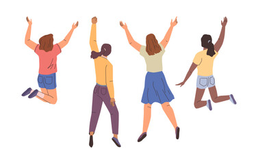 Fototapeta premium Happy active girls in casual clothes jumping, isolated multiracial people with raised hands. Vector group of young energetic women. Team of female characters celebrating success with fun and joy