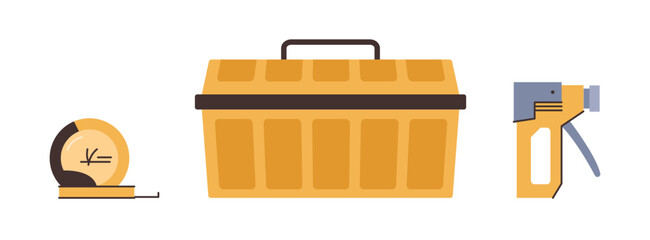 Box with instruments and equipment for handyman workers. Vector in flat style, isolated set of toolbox, gun and measuring tape. Automatic and mechanic modern tools for industry working and factory