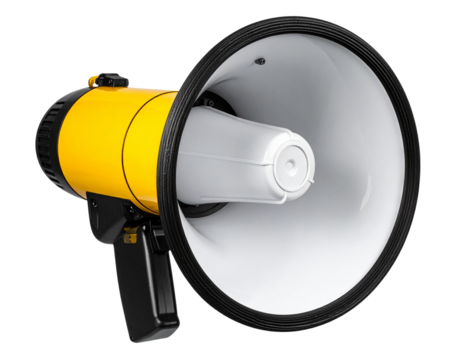 Modern Yellow and Black Megaphone Front View, Standing Upright, isolated on transparent background