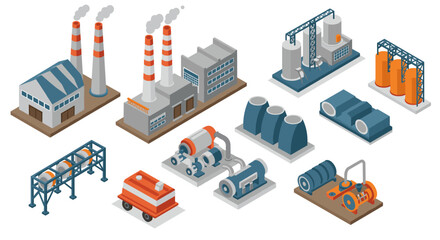 Fototapeta premium Industrial buildings and machinery in isometric design for manufacturing concepts