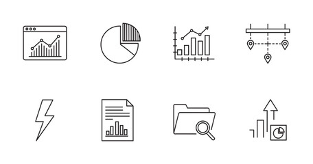 Fototapeta premium Set of eight simple black outline icons representing various data analysis tools, including graphs, charts, and document management.
