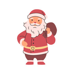 Christmas character, isolated Santa Claus with bag full of presents for kids. Vector in flat style, isolated xmas personage with long bear and red costume. New years celebration and greetings