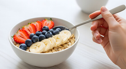 Woman's hand holding a spoon over a delicious bowl of oatmeal porridge topped with fresh strawberries, blueberries, and bananas for a healthy breakfast