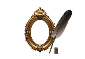 An ornate antique oval golden picture frame with rococo scrollwork and a dark feathered quill pen, on a clean transparent studio background with shallow depth of field, concept of vintage elegance and