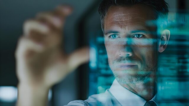 A man in a white shirt and tie studies a blue holographic data screen, his face lit by teal reflections as he touches the glass. Concept Professional tech scene, Holographic data screen