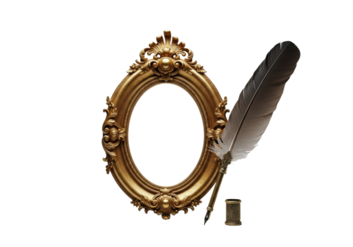 An ornate antique oval golden picture frame with rococo scrollwork and a dark feathered quill pen, on a clean transparent studio background with shallow depth of field, concept of vintage elegance and