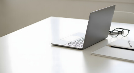 Modern Workspace Laptop, Eyeglasses, and Notepad on a Clean White Desk, Concept of Work from Home